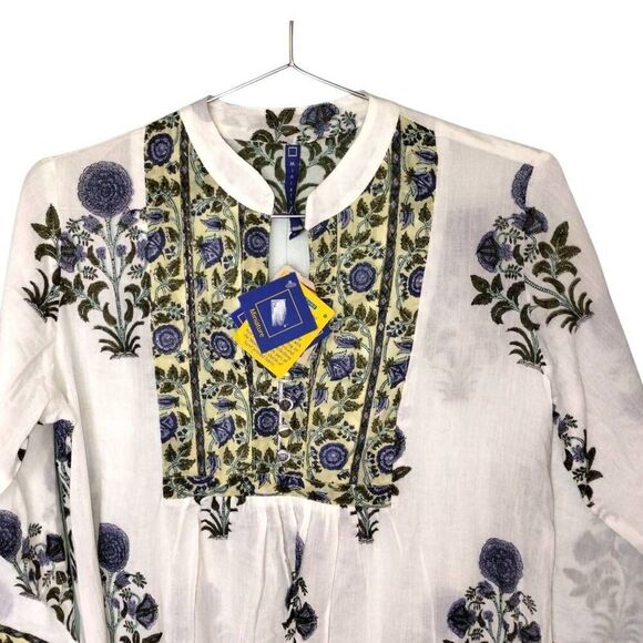 Miniature Auroville Womens Dress Sz L 100% Cotton Bib 3/4 Sleeve Botanical Kurta - Picture 3 of 11